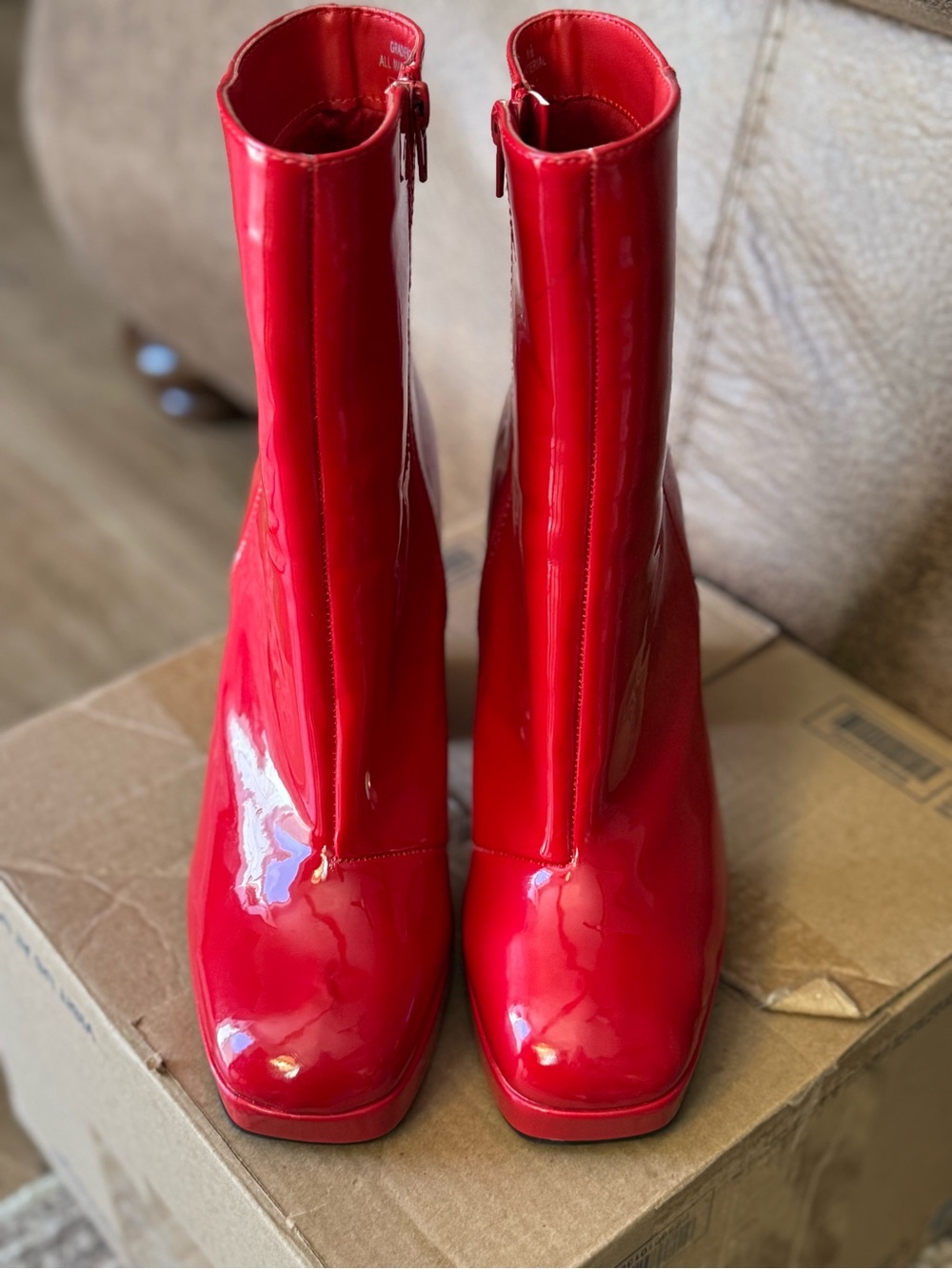 Red Patent Leather Platform Heeled Ankle Boots. Women’s size 8.5. Worn once!